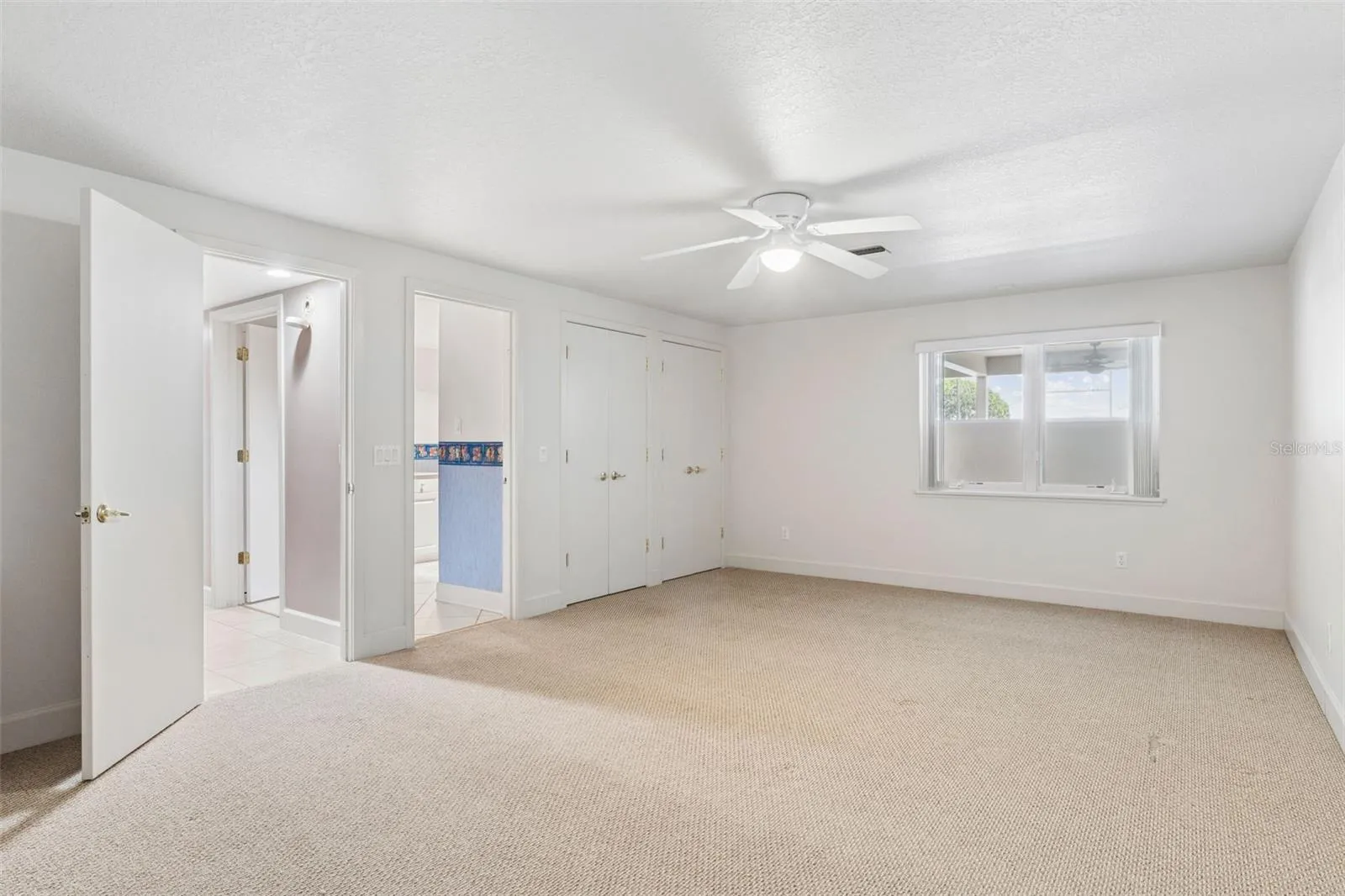 Basement bedroom with closet space and attached full bathroom.