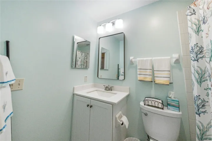 The recently remodeled guest bathroom has an elevated vanity with stone countertop, upgraded plumbing and lighting fixtures, and elongated stool.