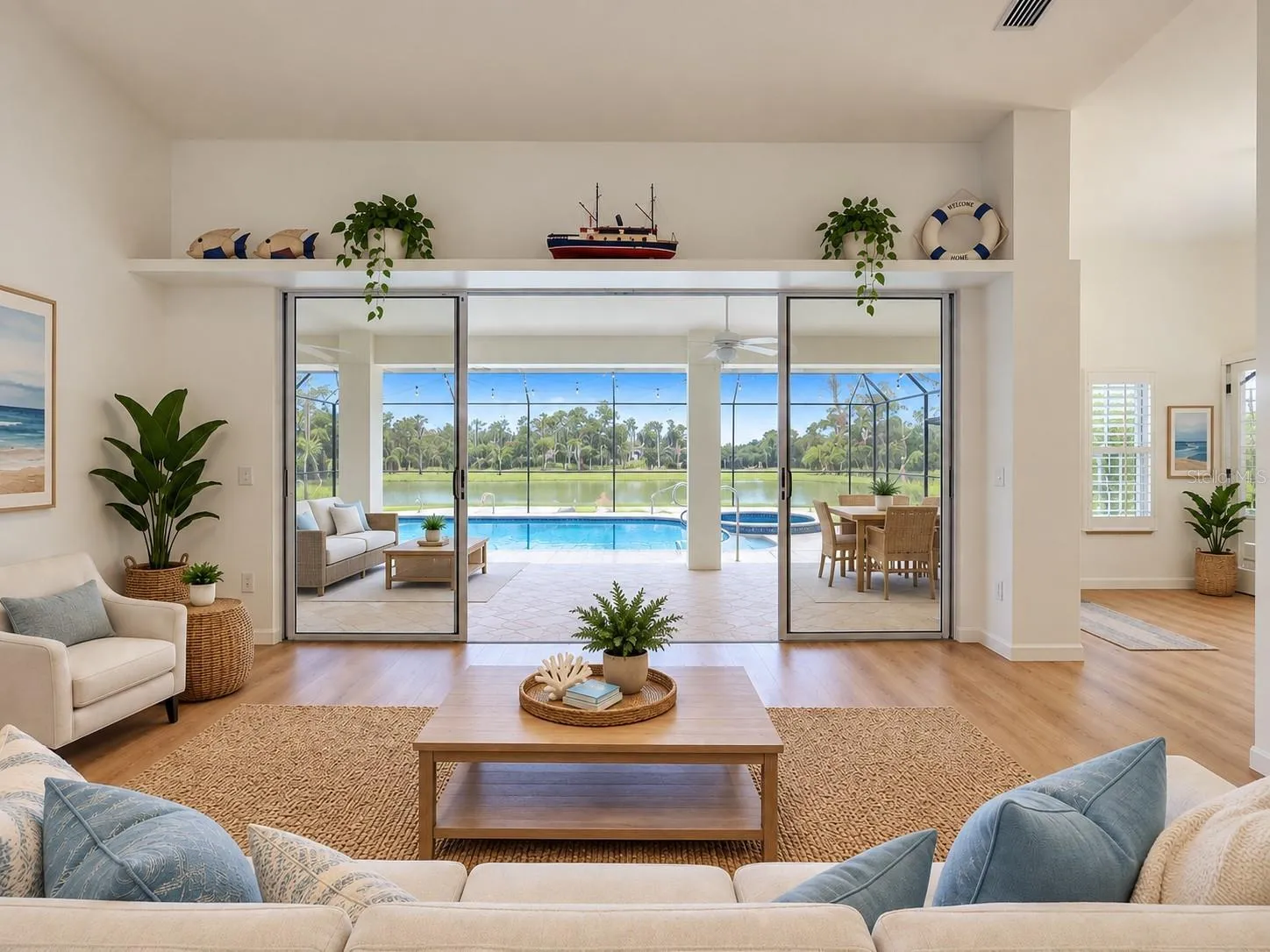 Living room with sliding doors leading to a private backyard tranquil pool and golf course oasis.