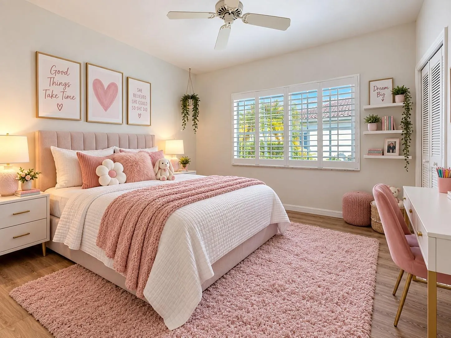 Plantation window treatments, ceiling fan for warm days.