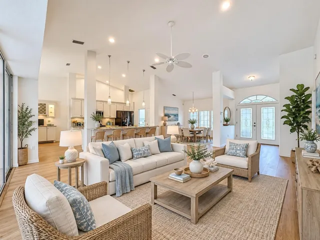 Living space with views of the outdoor pool and golf course.
