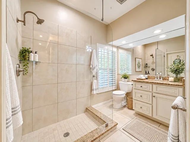 Bathroom #2 Frameless glass shower, tiled flooring.