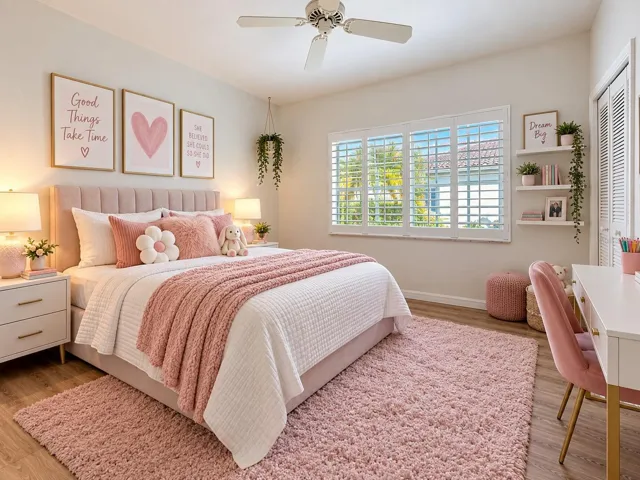 Plantation window treatments, ceiling fan for warm days.