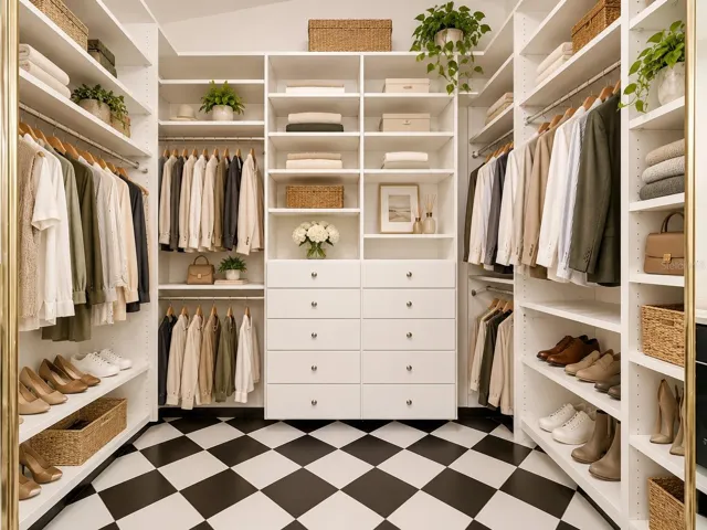 Primary closet filled with custom cabinets.