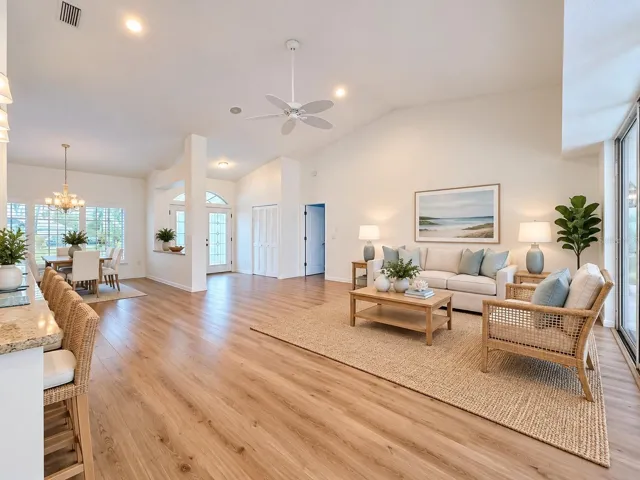Spacious living room , with 13 foot ceilings.