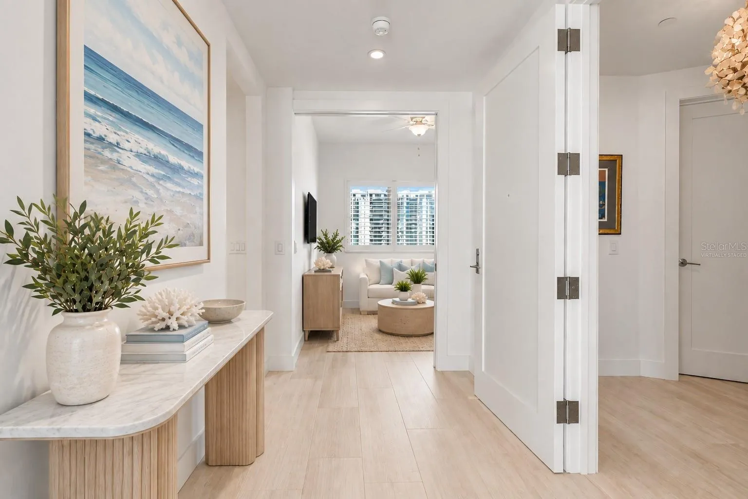 Virtually Staged- Entry Hallway to Den, Guest Bedroom and Full Guest Bathroom