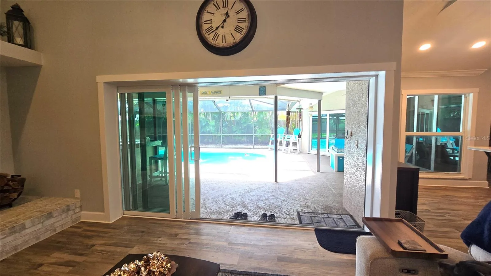 View of the pool area from the family room.