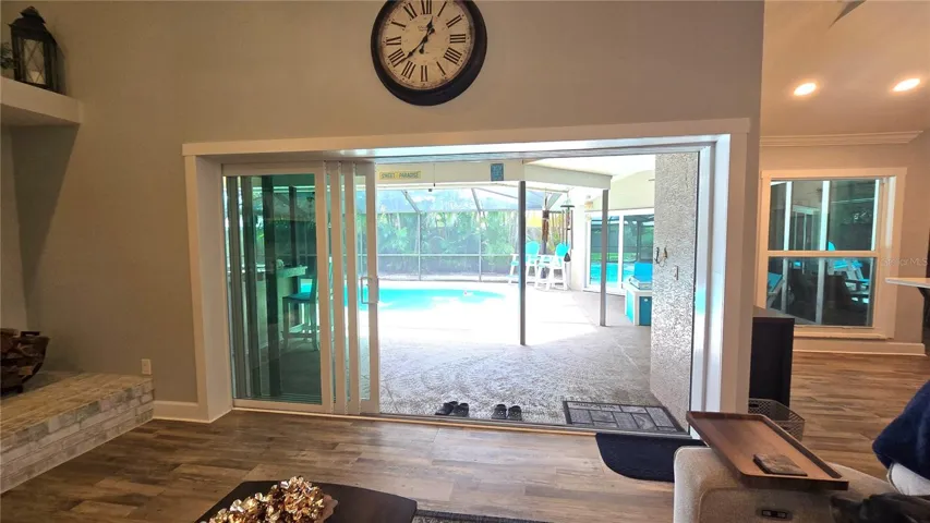 View of the pool area from the family room.