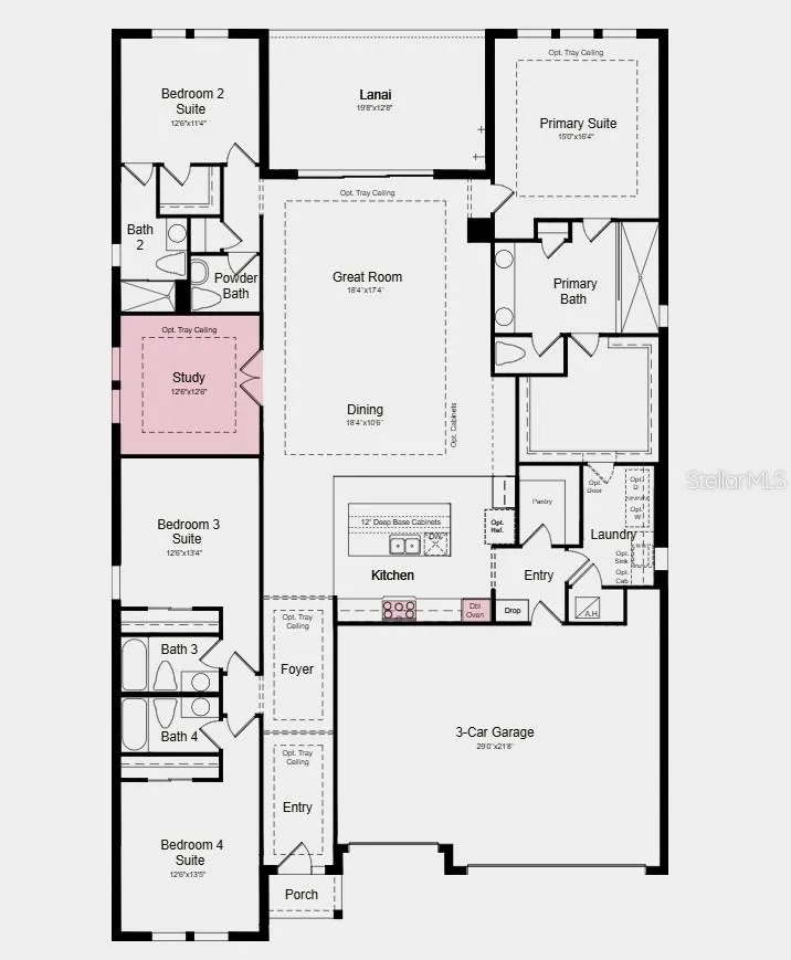 Floor Plan - Additional Highlights include: 8' interior doors, outdoor kitchen rough-in, and tray ceiling package