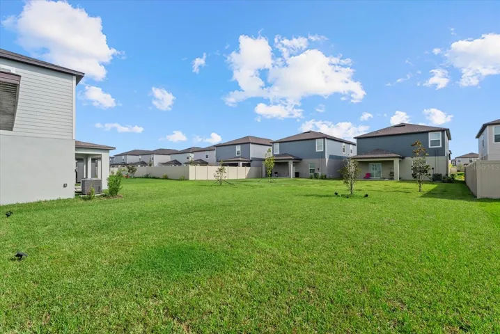 Wide view of the open backyard and surrounding neighborhood.