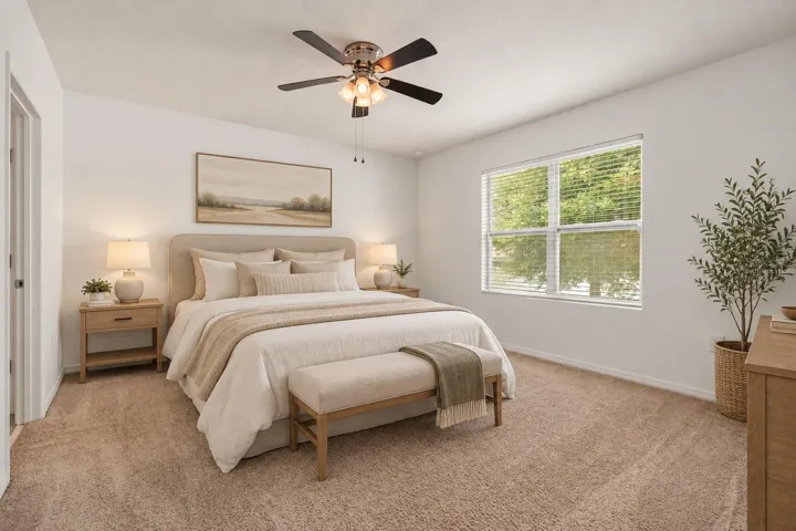 Virtually staged primary bedroom.
