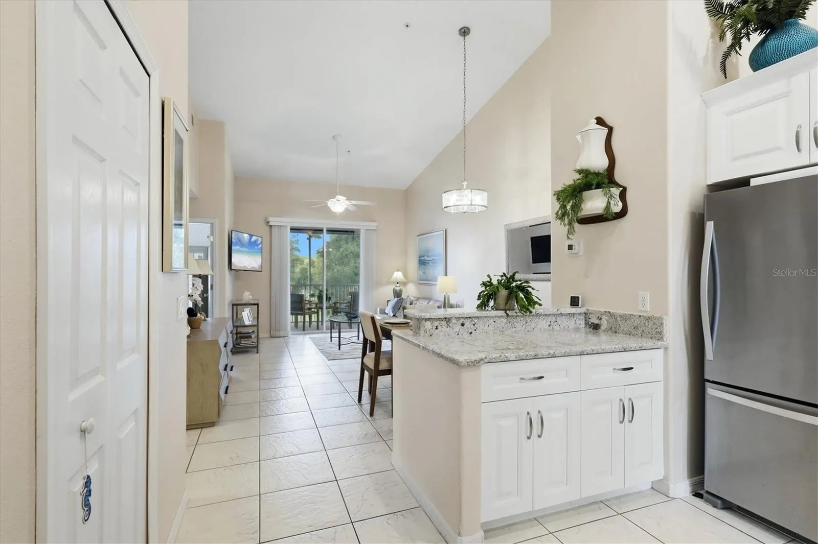 Looking out from the kitchen into the living area.