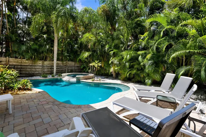 Pool with sun shelf and spa