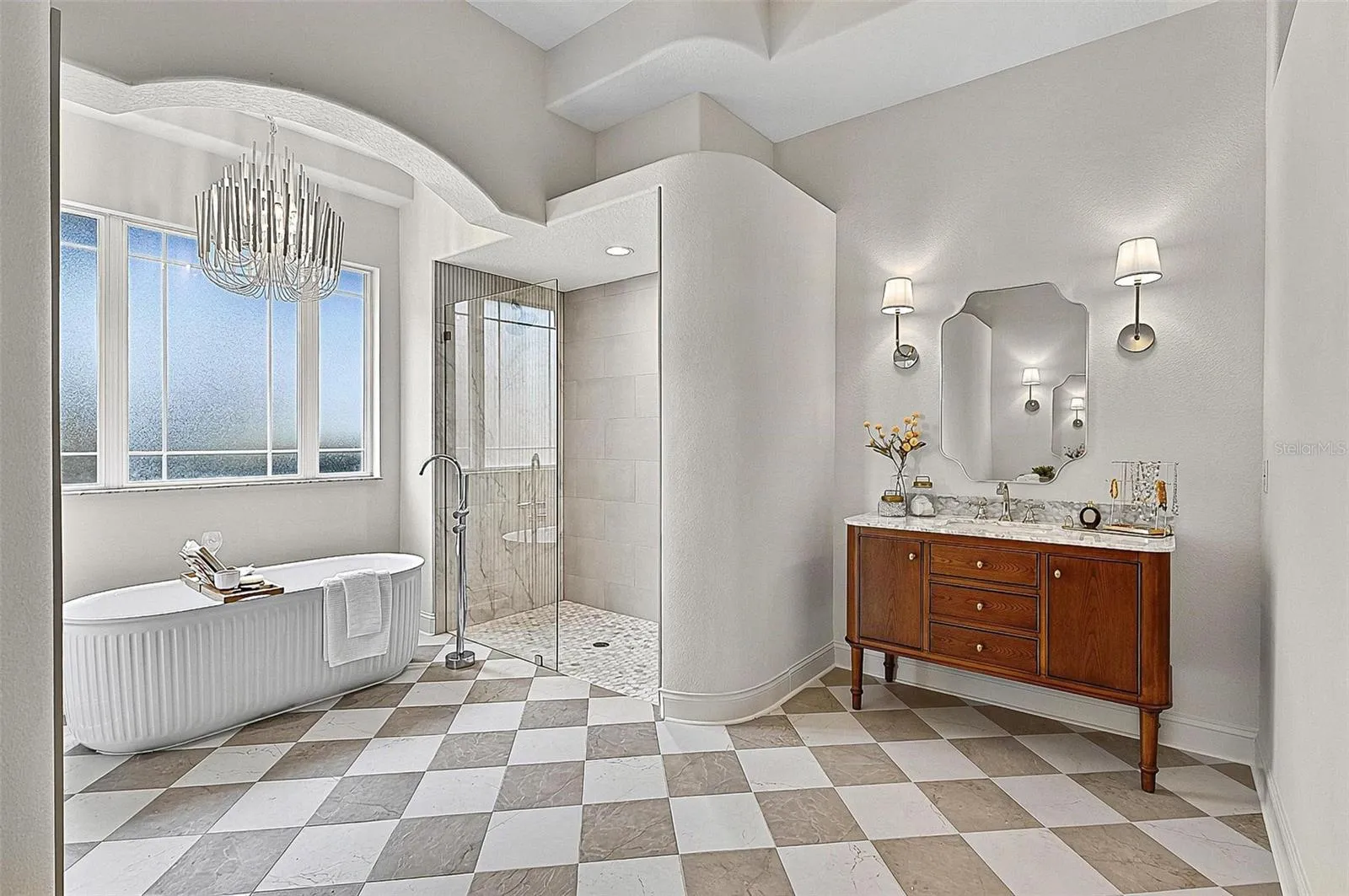 Master Bathroom with wood side ladies stone top with wood vanity