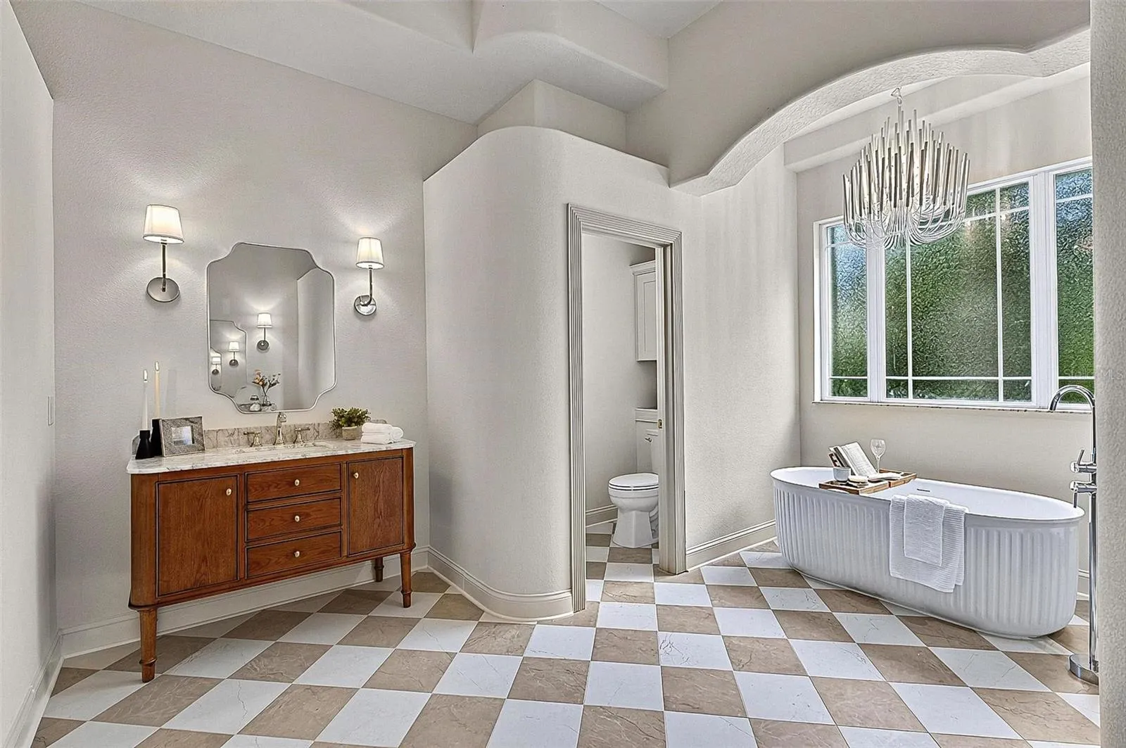 Master Bathroom with wood side mens stone top with wood vanity