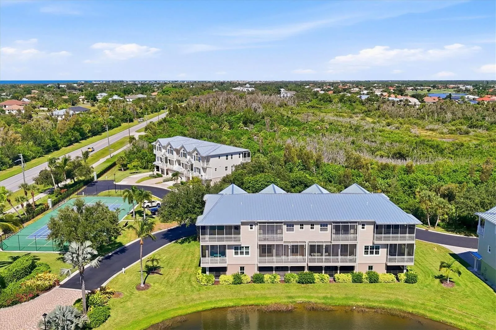 Aerial views of rear of townhome