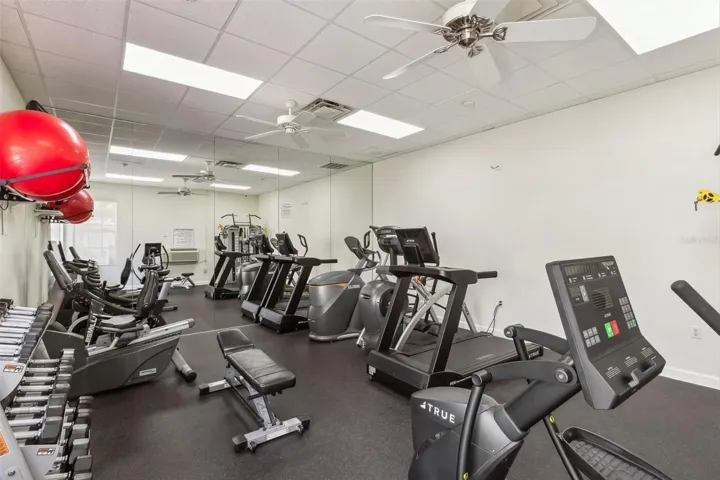 Fitness center offers free weights &amp; equipment