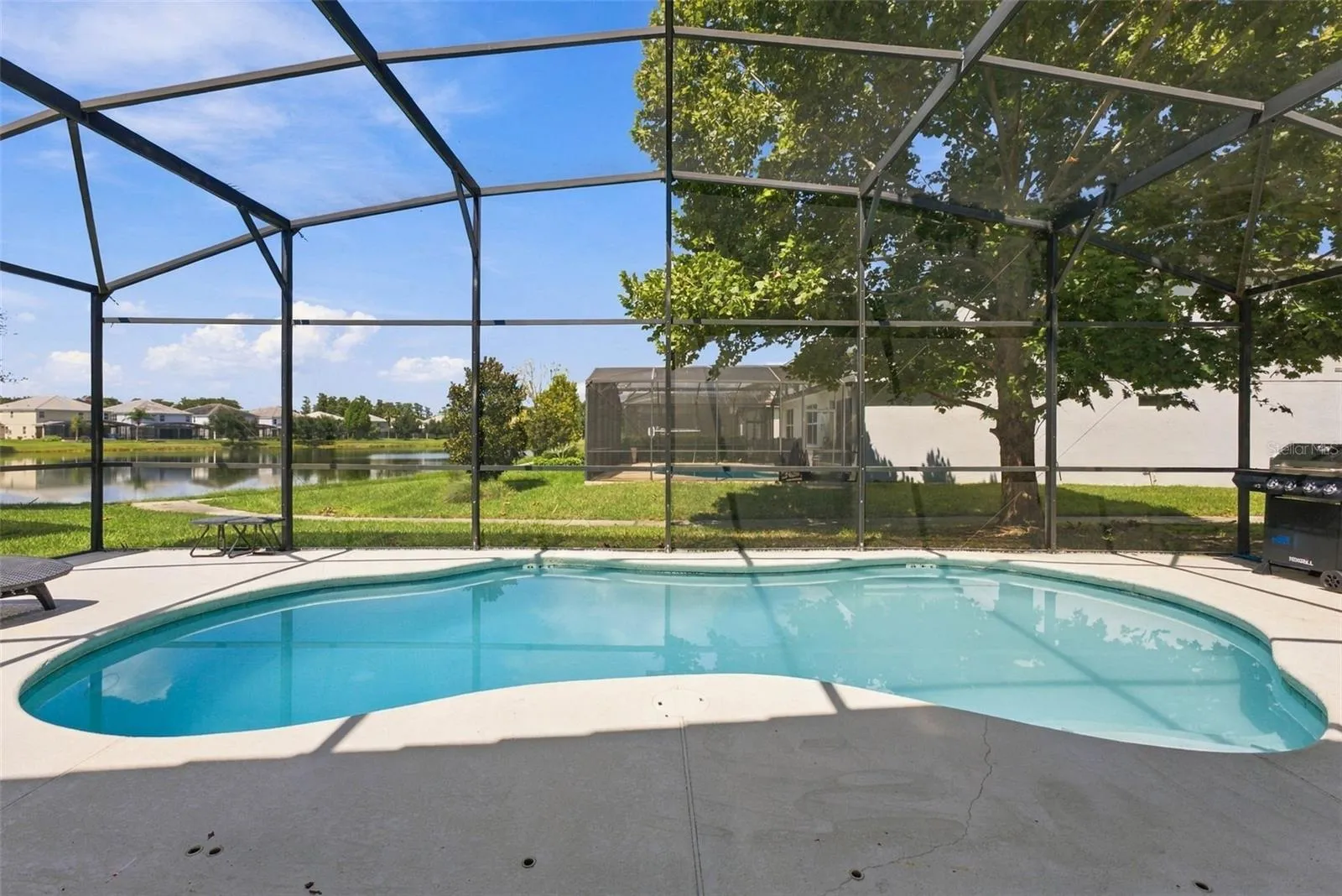 Screened-in sparkling pool overlooking the pond.