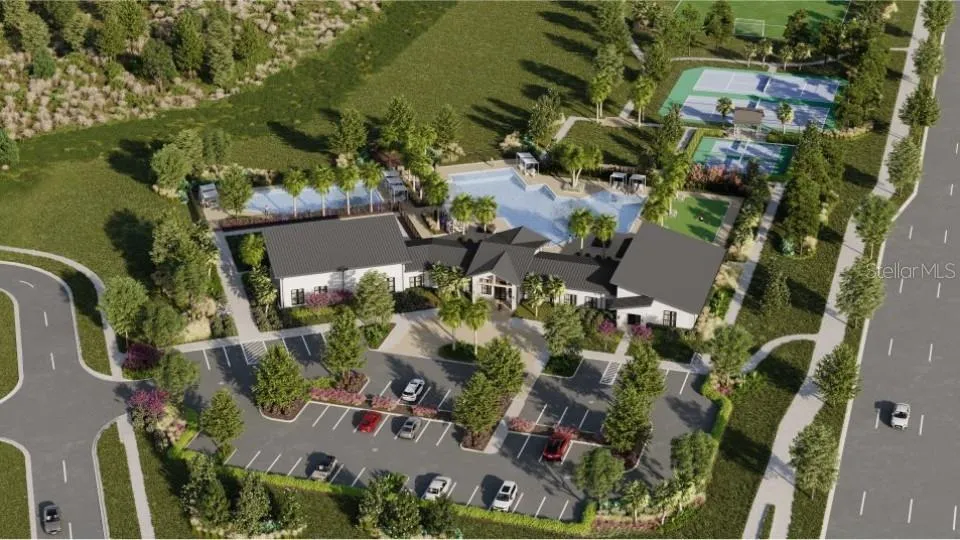 Aerial view of the clubhouse and amenities