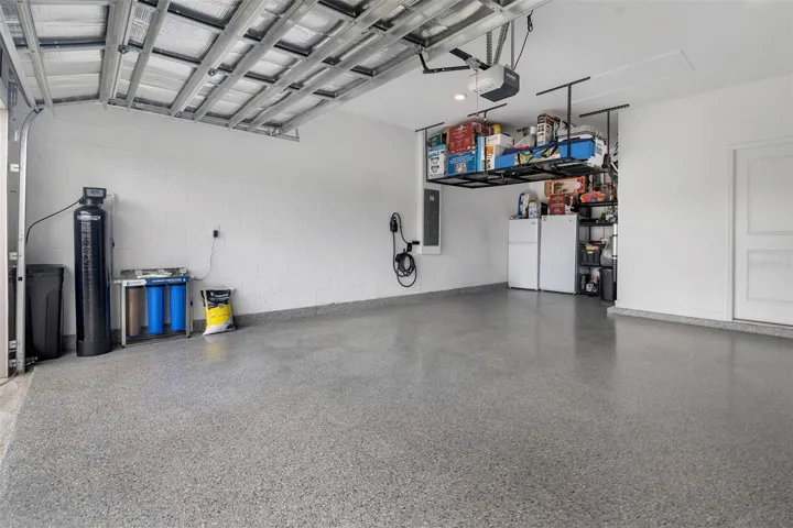 Garage with epoxy floor and storage
