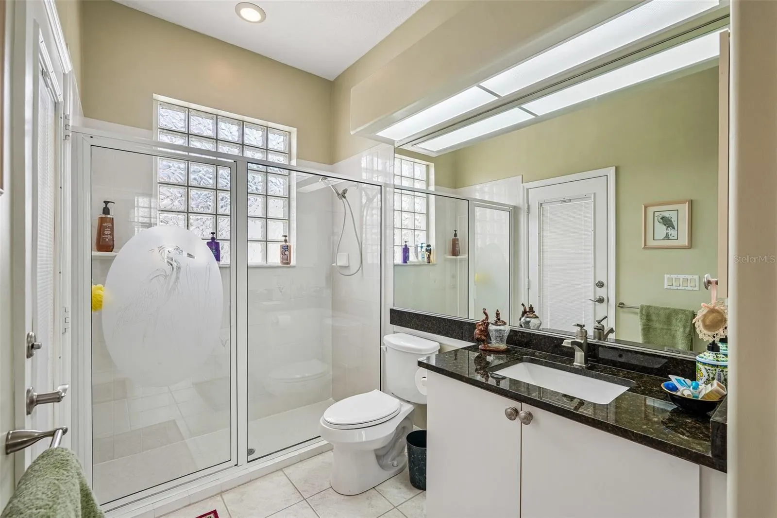 Guest bathroom featuring a dark granite vanity, custom glass-etched shower enclosure and glass block windows for natural light