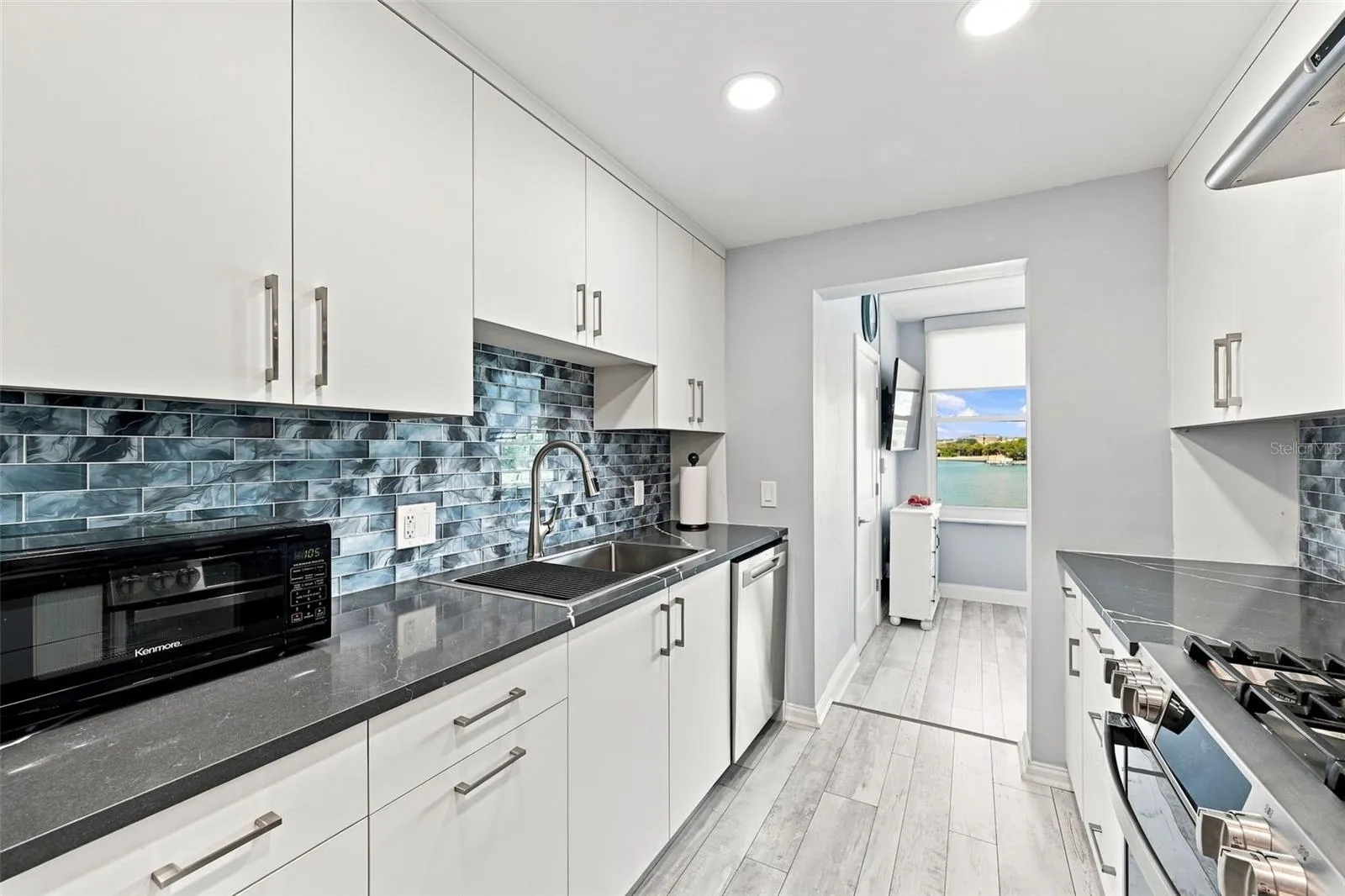 Galley style kitchen, with the view!