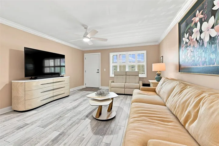 Crown molding, porcelain tile floors