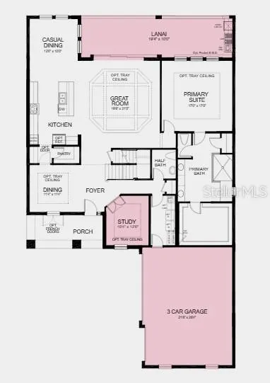 First Floor Plan - Additional Highlights Include: pocket sliding glass door in the great room, tray ceiling package, study with French doors, 8' interior doors, pre-plumb water softener and laundry room sink