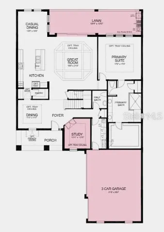 First Floor Plan - Additional Highlights Include: pocket sliding glass door in the great room, tray ceiling package, study with French doors, 8' interior doors, pre-plumb water softener and laundry room sink