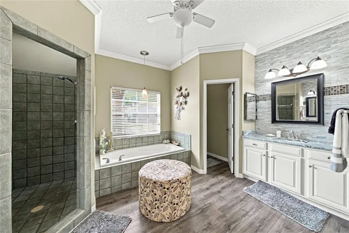 The primary bath has stone accent walls, crown molding, ceiling fan with light, and a privacy toilet room.