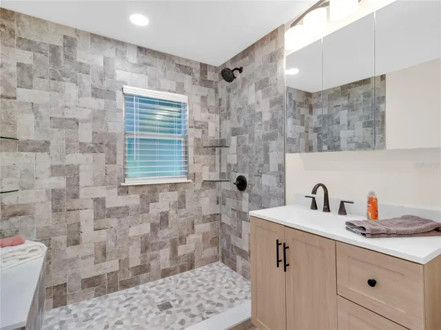 Cabinet storage , Updated lighting, Spacious shower stall with built in bench seat. Shower will have a  Glass door system installed soon!