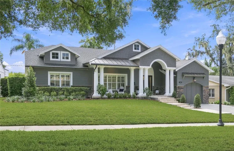 A column-lined front porch add character and dimension.