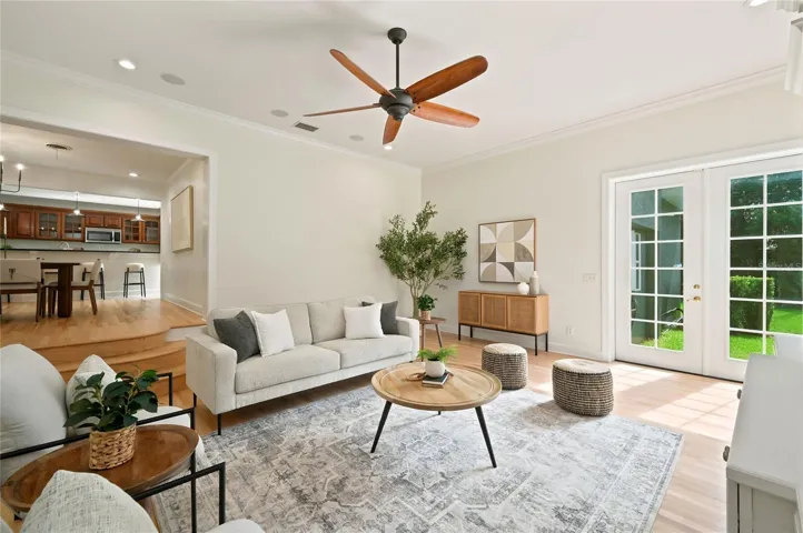 Family room with French doors to backyard