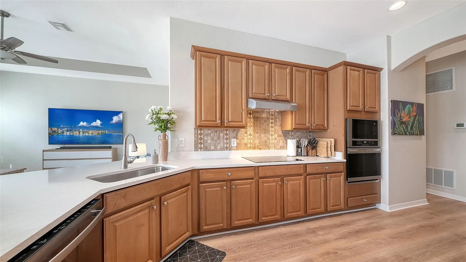 Plenty of prep space and counter tops; double oven with microwave
