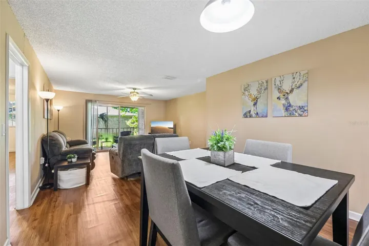 The living room flows into the dining room