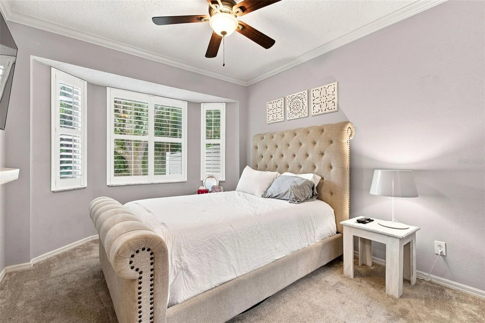 First Floor Primary Bedroom w/Bay Window, Crown Moulding &amp; Plantation Shutters