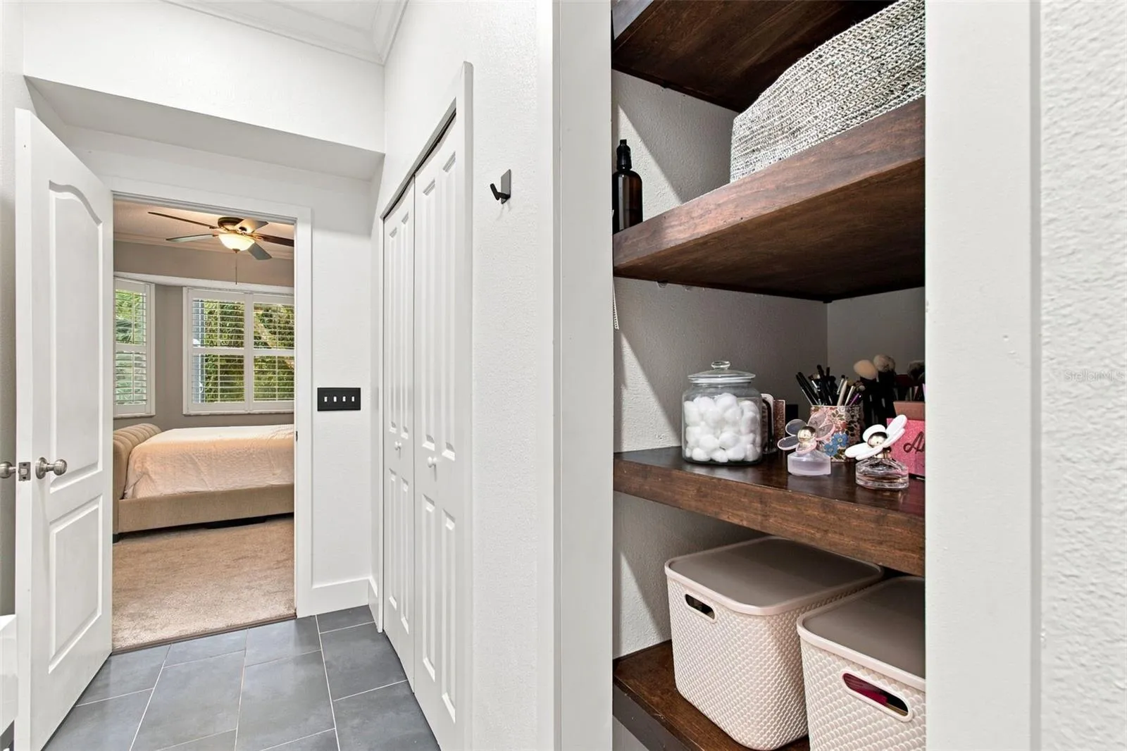 Primary Bathroom Built-In Wood Shelving