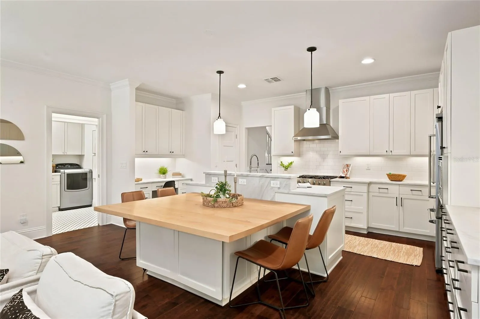 Custom pendant lighting completing the island