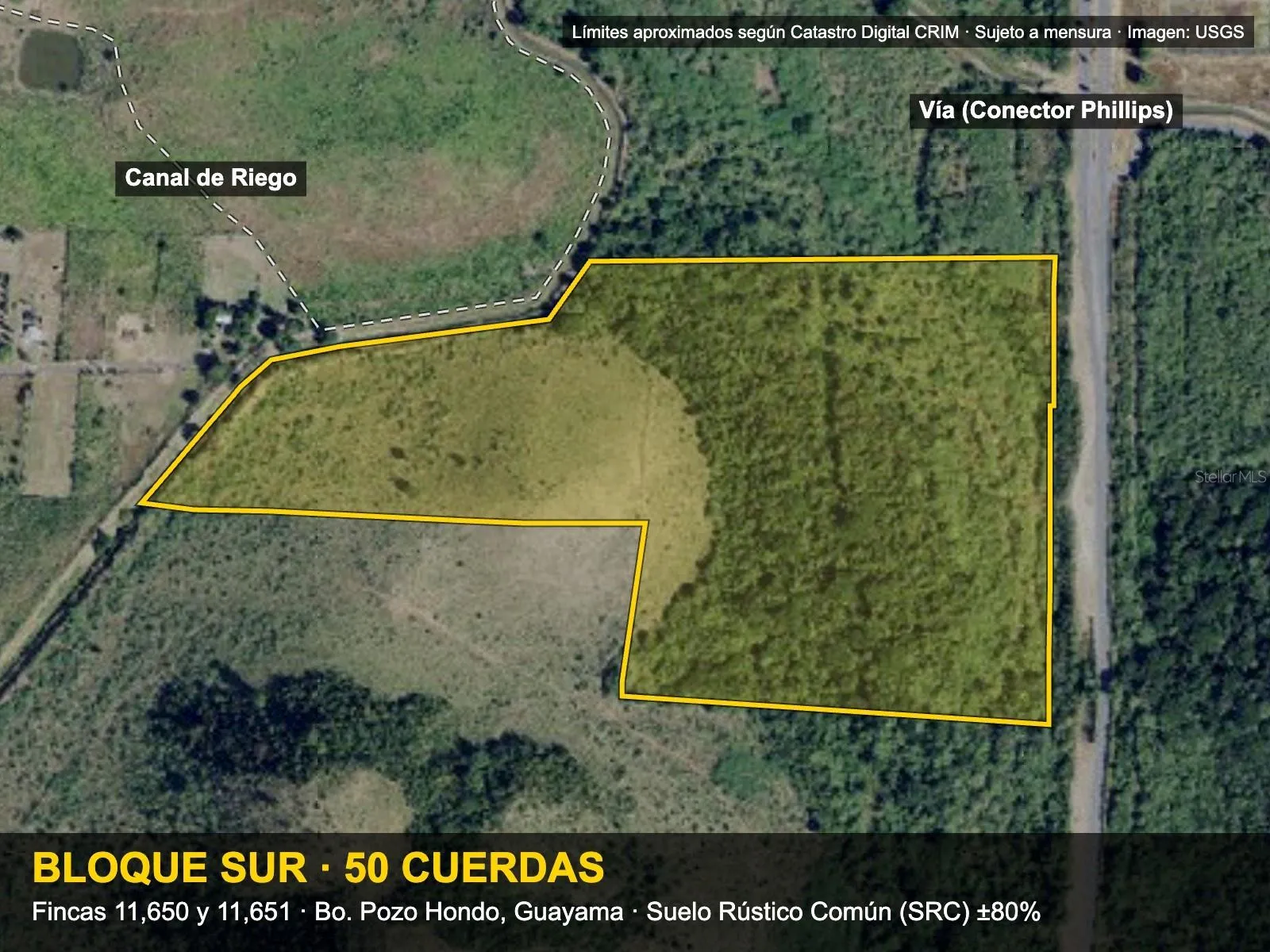 Vista aérea del Bloque Sur (fincas 11,650 y 11,651). Límites aproximados según Catastro CRIM; sujetos a mensura.