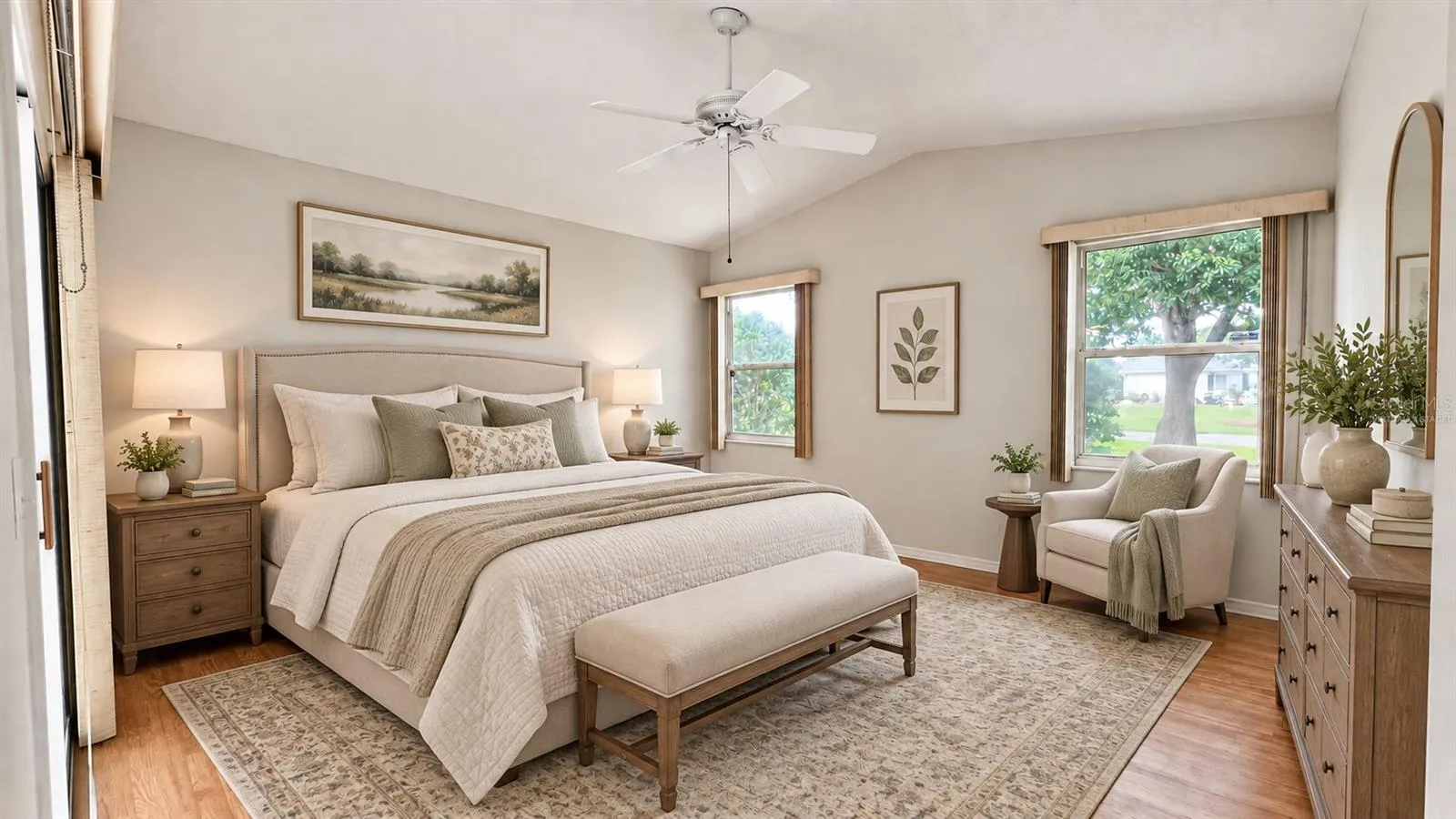 Master bedroom facing the side and lanai features large WIC and bath. Virtually staged.