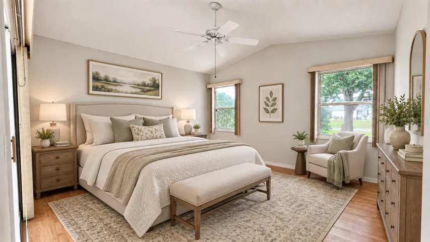 Master bedroom facing the side and lanai features large WIC and bath. Virtually staged.