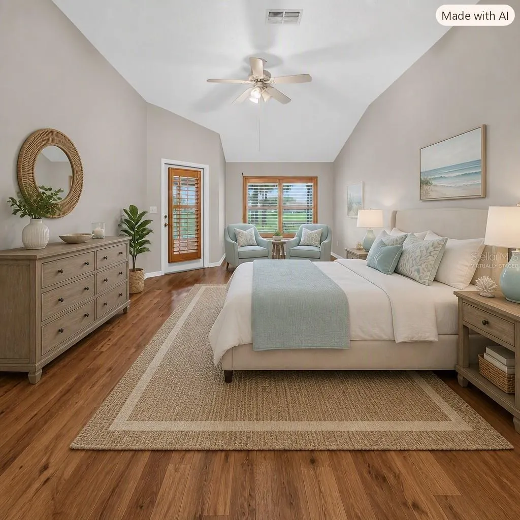 Virtually staged primary bedroom and sitting area