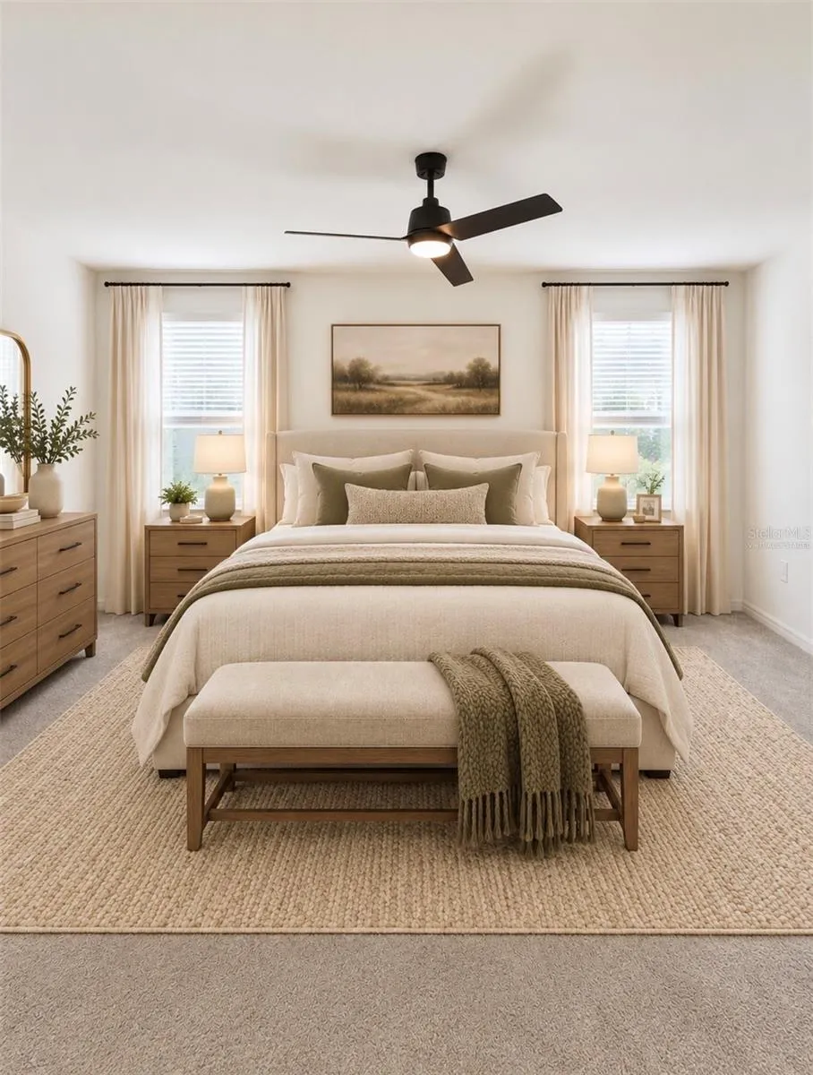 Large Master Bedroom overlooking the beautiful LARGE pond (virtually staged)