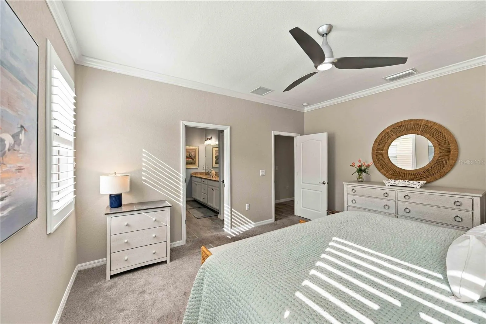 The primary bedroom is large with fabulous closets