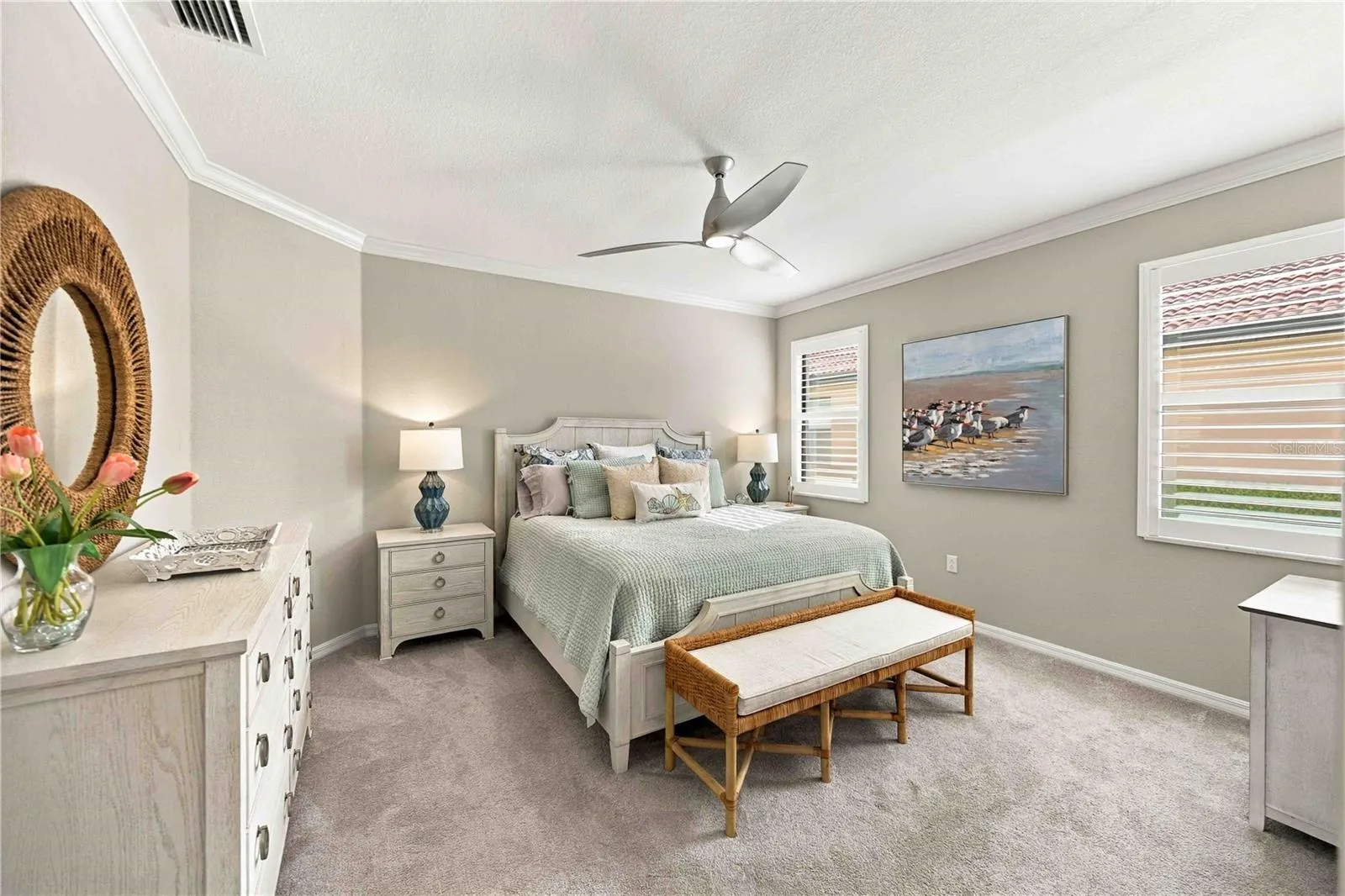 The primary bedroom is large with fabulous closets