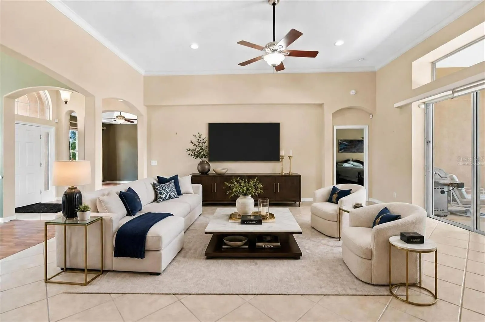 Virtually staged living room from the kitchen