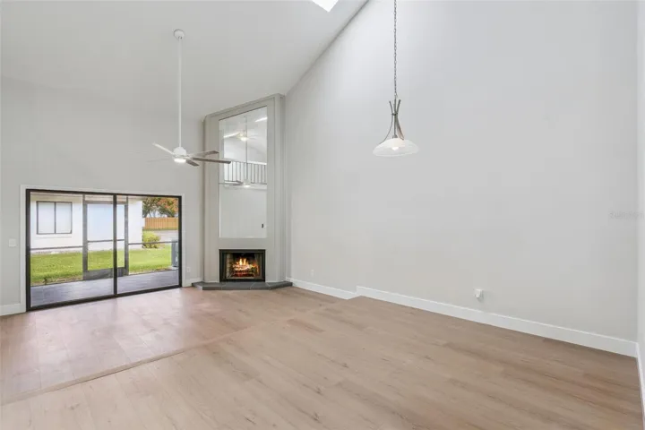 Vaulted ceiling with skylight.