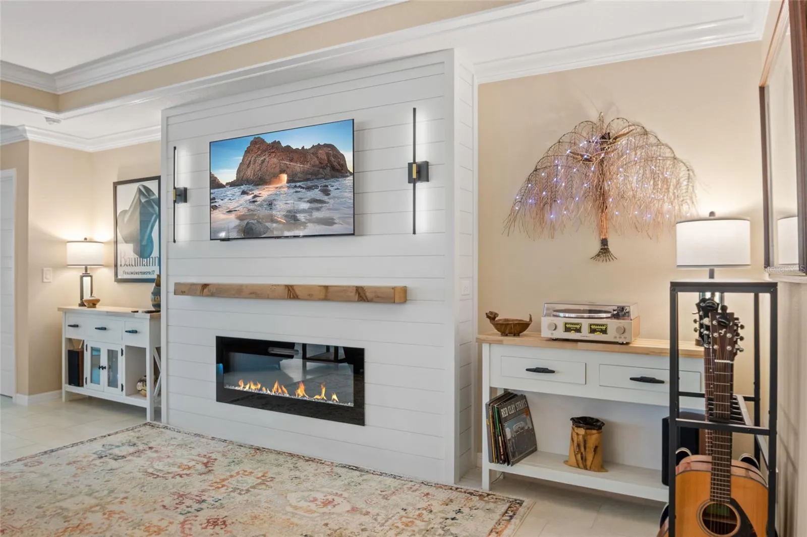 TV/Electric Fireplace Wall with mantel.