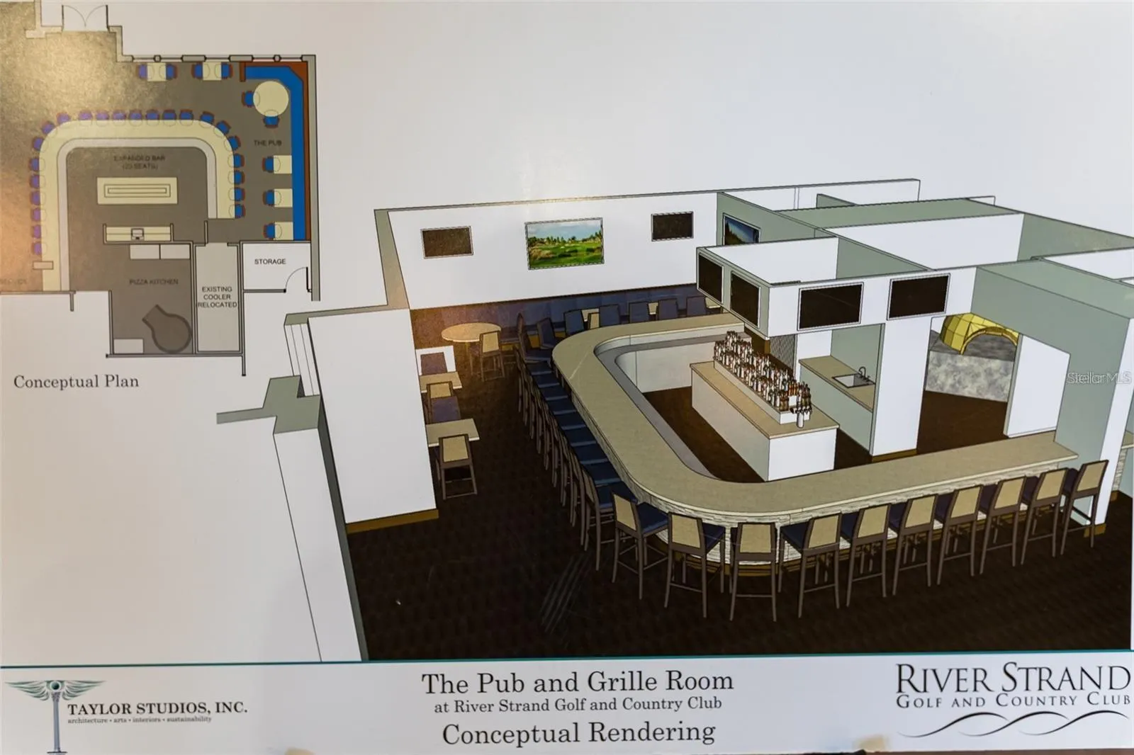 Conceptual rendering of the River Strand pub and grille; actual appearance may vary.
