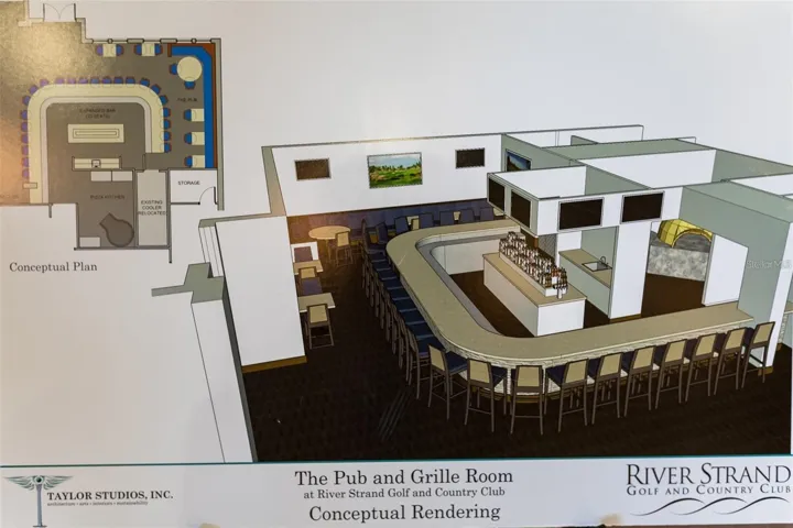 Conceptual rendering of the River Strand pub and grille; actual appearance may vary.